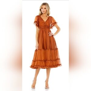 Mac DuggalTea Length Ruffled Dress w/ Sheer Flutter Sleeves size 16